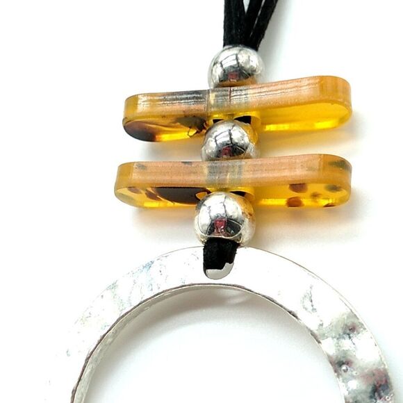 Hammered Open Circle Silver-tone Pendant Necklace Leather Cord - Picture 12 of 16